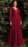 Evening Dress New Long-Sleeved Chiffon Sexy Temperament Deep V Side Button Bridesmaid Dress
