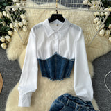 Korean Version Of The Goddess Fan Fashion Splicing Two Long-Sleeved Shirt Women Belt Belts Waist Cowboy Half Dress Two Sets