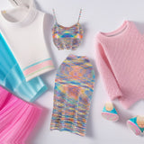 Fashion Suit Female Design Sense Rainbow Crash Sling Sling Vest Two Sets Of High-Rise Thin Bag Hip Half-Dress