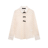Velvet Bow Ornament Wave Point Printing Casual Shirt 2025 Spring And Summer Long-Sleeved Loose Women's Top