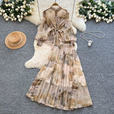 Temperament Two Sets Of Female High-Grade Style Straps To The Waist Lantern Sleeve Print Chiffon Top + High Waist Skirt