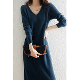 Autumn And Winter Coat V-Neck Wool Knitted Dress Women Winter Loose High-End High-End Skirt