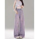 Pink Purple High-Waisted Broad-Legged Jeans Women's New Broken Hole Hair Fall Trousers In Summer 2025