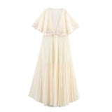 Z Summer 2025 New Women's Clothing Fashion Plus-Size Temperament French Style V Collar Lace Folded Skirt Girl