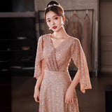 Evening Dress Women 2025 New Champagne Long-Sleeved Banquet Temperament Simple Thin Host Art Exam Dress
