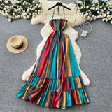 French Retro Fashion Print Dress Women Loose Strap To The Waist Thin A Word Big Pendulum Long Skirt