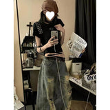 Vintage Wasteland Wind Splash Ink Ripped Jeans Women Summer New Water-Washing Straight Tube Trousers Tide