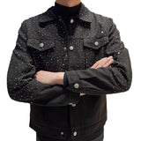Fashion And Leisure Autumn Trend Full Of Stars Hot Diamond High Sense Loose Denim Coat Collar Men 2025 New