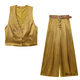 Z New Gold Button-Up Silk-Sense Blouse 7484091 Belt Silk-Sense Wide Leg Trousers 1478078