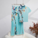 Miyaji Fashion Set Women's Summer French High-Grade Folding Print Short-Sleeved Top + Loose A Word 100-Fold Long Skirt