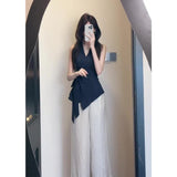 Korean Commuting Wearing A V-Tie Tie With A Waist Design Sleeveless Top High-Waisted Broad-Legged Trousers