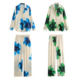 2025 Casual Fashion Set Vertical Trousers Women's Autumn Big Flower Print Shirt