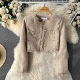 Autumn And Winter Small Fragrant Style Set Of Women's Short Cardigan Coat + Sling Net Yarn Dress Two Sets