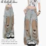 Vintage Multi-Pocket Work-Wear Ripped Jeans Women's Summer Design Feel Loose High-Rise Straight Broad Leg Pants