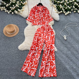 Salt-Lineed Light Style Suit Women's Fashion With Loose Short Print Shirt + High Waist Display Thin Leg Slacks