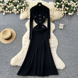 Small Fragrant High-End Feel Fashionable Doll Collar Long Sleeve Metal Buckle Waist Knitted Dress Women Autumn Slim Dress