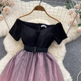 Sensing A Niche Design Bumpy Shoulder Dress Summer Women's Small Net Yarn Waist Princess Dress
