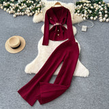 European Goods Fashionable Wearing A Famous Man's High-Level Feeling Strapped With A Waist Suit Collar Long-Sleeved Knitted Top High Waist Broad Leg Trousers