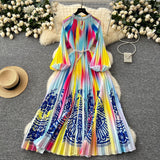 High-End Elegant Dress Women Fashion Nail Ball Collar Hollow Pressure Folding Lantern Sleeves To Print Long Skirt