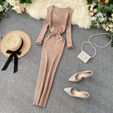 Dress Women's Autumn And Winter 2025 New Korean Version Of Simple Solid Color Long Sleeves Tight Waist Thin Knit Long Dress