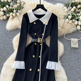 High-Grade Small Fragrant Style Trendy Collar Long Sleeve Metal Double Buckle Waist Thin Temperament Knitted Dress