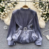 High-Level French-Style Waist-Low-Down Shirt Female Careful Machine Strap Design With A Chic Folded Lotus Leaves Hem French Top