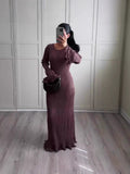Autumn New Women's Pure-Colored Round-Neck Long Sleeves To The Wooden Ear Dress