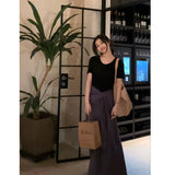 Casual Summer New Relaxation Black Short-Sleeved T-Shirt Blouse High-Waist Purple Color Tying Strap A-Word Half-Dress Woman