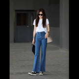 French Retro Blue High-Waisted Micro-Rave Jeans Women Autumn Small Slim Slimy Horseshoe Long Trousers