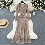 Korean Slebock Crochet Dress Women's Waist Show Thin Sleeve Skirt Inside The Bottom Sling Skirt Two Sets