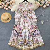 French Court Style Retro Print Temperament V Collar Bubble Sleeve Long Dress High-End Niche Dress Dress