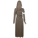 In The Fall Of 2025, The New Women's Folded Hooded Desert Body Repair Waist-Skin Open-Fork-Packed Dress