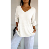 Knitted Casual Sweater Basic Thin V-Neck Seven-Sleeve Solid Female Bottoming Shirt Ice Cream Color