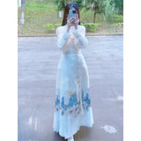 New Chinese Costume Hanfu Improved Daily Commute White Shouldered Plane Sleeve Shirt Horse Face Skirt Two-Piece Suit Woman