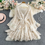 Yunnan Dali Tourism Holiday Dress Women New Gentle Wind Tied V Tie Horn Sleeve Hollow Knitting Short