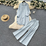 Lazy Casual Suit Women's Korean Version Of The Fashion Loose Long-Sleeved Shirt Dress High Waist Wide Leg Pants