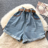 Belt And Waist Cowboy Broad-Legged Shorts Women Retro Niche High-Rise Thin Casual Hot Trousers