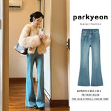 Lazy Wind Blue High-Rise Horn Jeans Women 2025 Autumn And Winter Hottie Slim Slim Taut Long Trousers