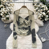 Spice Girls Tie-Dye Mesh Jersey Long-Sleeved T-Shirt Girl Thin Perspective Temperament Fashion Folding Top