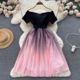 Sensing A Niche Design Bumpy Shoulder Dress Summer Women's Small Net Yarn Waist Princess Dress