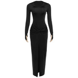 Women's 2025 Summer New Round Neck Fashion Sexy Body Folding Fork Long Sleeve Skirt Set