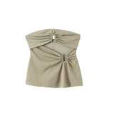 Open Design Metal Decoration Folded Breast 2025 Summer Sexy Shoulder Repair Short-Term Waistcoat Woman