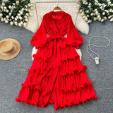 2025 New Elegant Dress Spring Dress High-End Retro Collar Lantern Sleeves To Close Waist Lotus Leaves Side Pressure Skirt Dress Woman