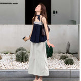 Design Sense Of The Color Stripe Splicing Sleeveless Sling Vest A Set Of Top Women Loose Thin A Word Half-Body Skirt Suit