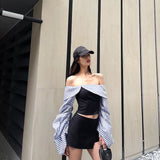 Women's Clothing 2025 Summer New Fashion Stripe Bumped A Word Shoulder-To-Shoulder Repair Slim Thin Long-Sleeved Top Lady