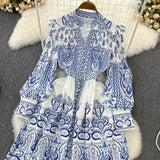 Spring And Autumn Retro Court Style Lotus Leaf Side V-Neck Single Buckle Lantern Sleeves To Close The Waist A Word Print Dress Woman