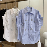 European High-Stock Design Feeling Heavy Industry Nail Embroidery Shirt Loose Apparent Thin Age Shirt Shirt Women Short Sleeves