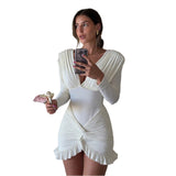 2025 Summer New Women's Temperament Sexy Pure Color V To Receive Pocketed Folded Long-Sleeved Dress