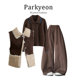 Design-Sensitive Collar Vest Folded Over-Wearing Jersey High-Waisted Wide-Legged Trouser Set