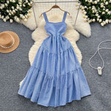 Summer French Retro Folding Sling Dress Female High Waist Show Leaning Vacation Dress 0285